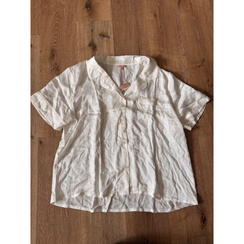 Eberjey NWT White Silk Crinkle Pajama Top Short Sleeve Button Down Size XL